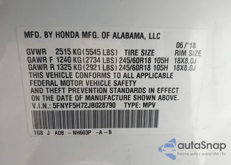 2018 Honda Pilot Ex-L z USA, uszkodzony, nr VIN 5FNYF5H72JB028790